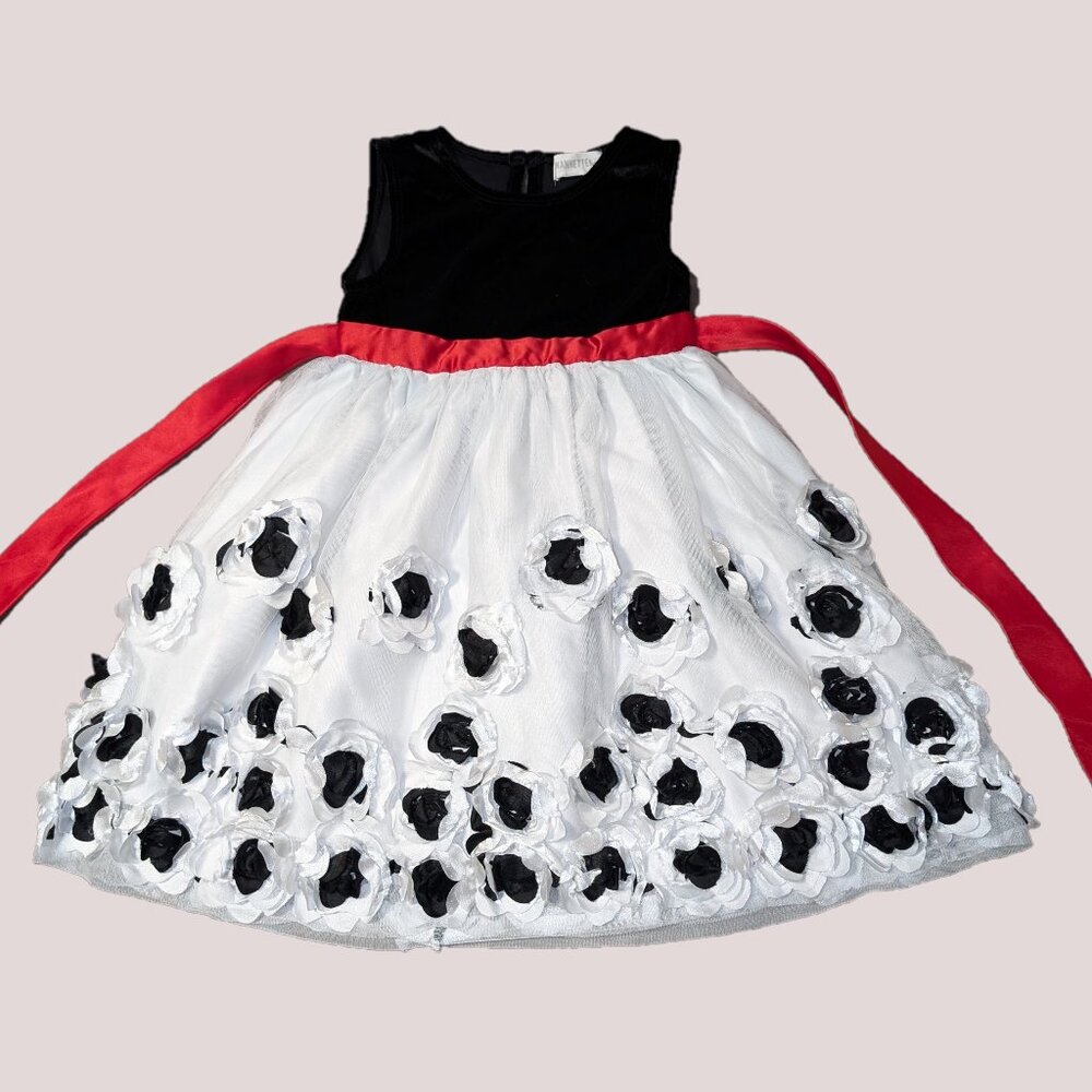 Nannette Kids Flower Dress - Black/White with Red Sash Size 4